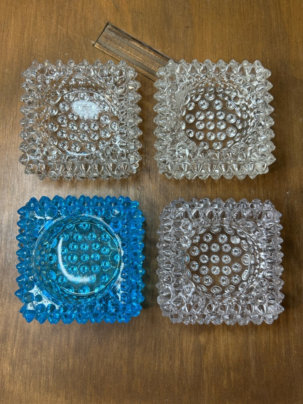 Set of 4 Vintage Fenton Hobnail Glass 3"-Square Blue & Clear Glass Salt Cellars